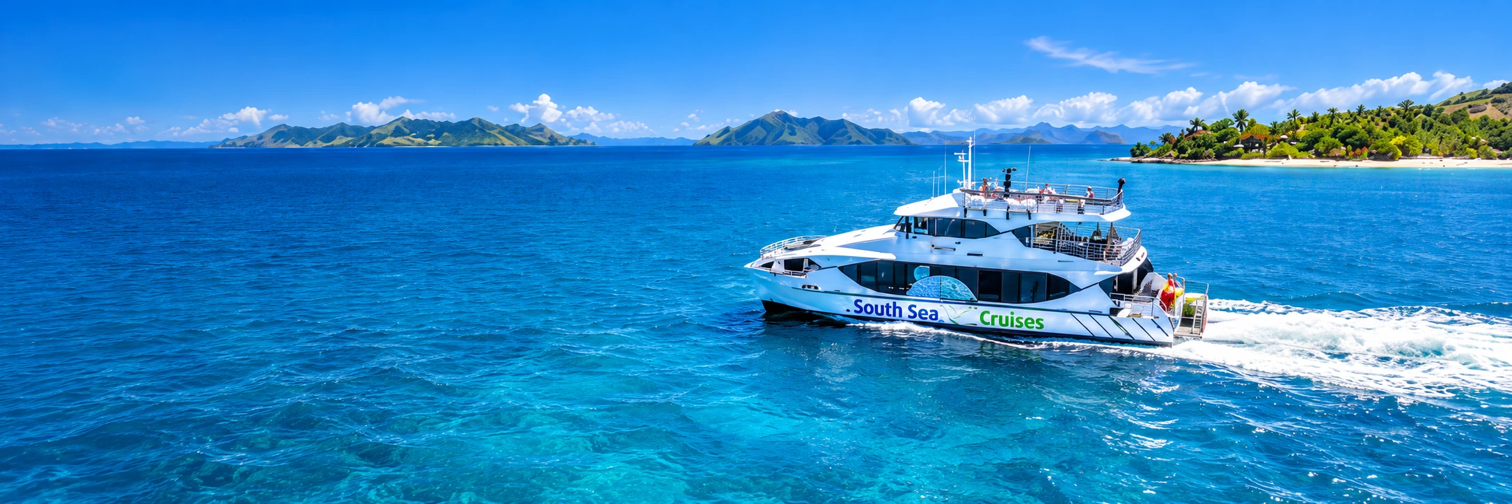South Sea Cruises boat crossing Fiji’s blue waters beside tropical islands
